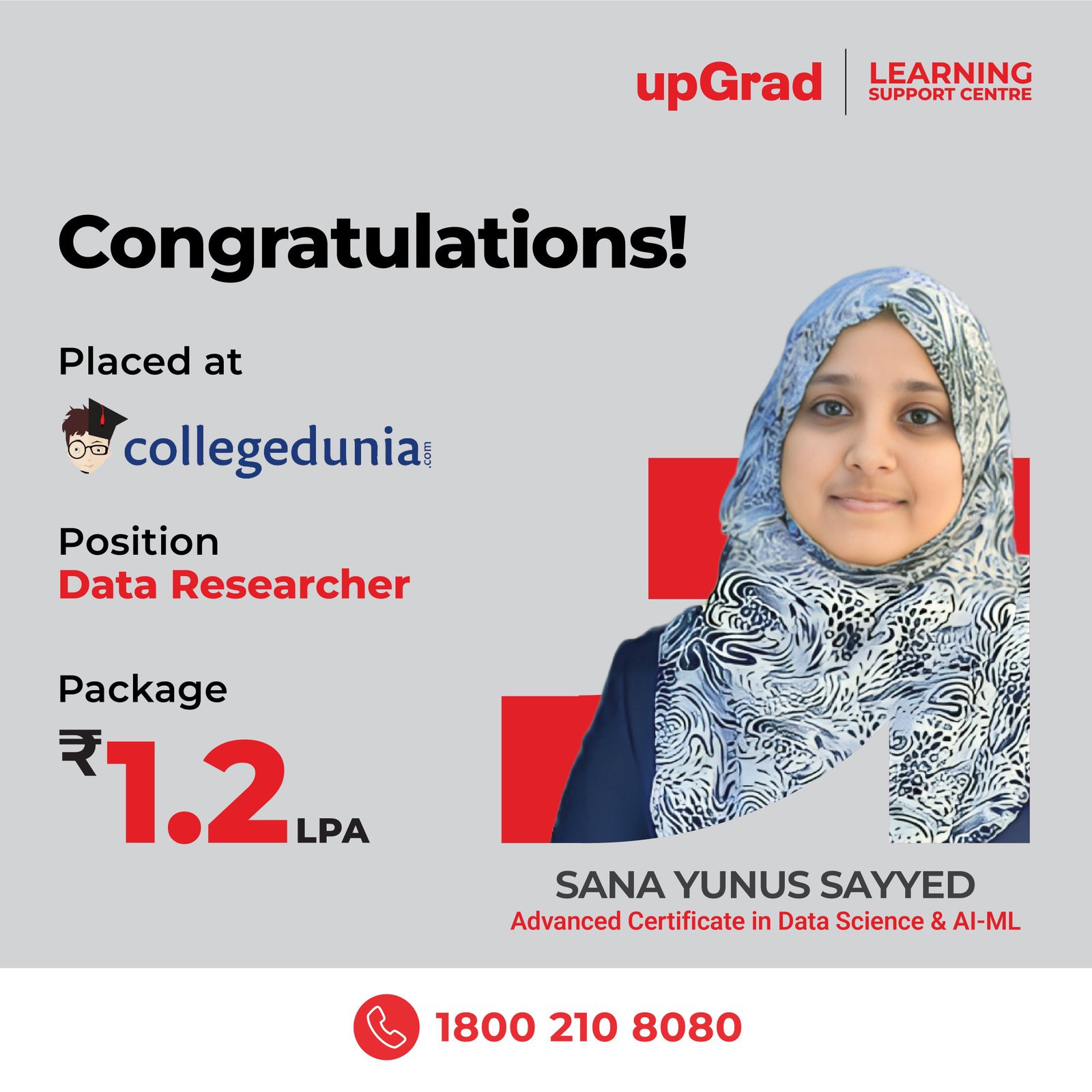 Sana Yunus Sayyed placed at collegedunia as a Data Researcher with a package of 1.2 LPA